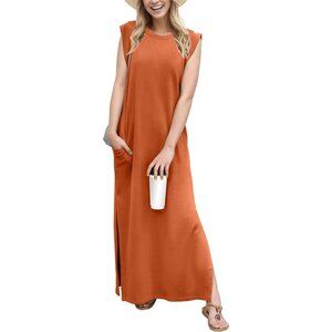 Grecerelle Women Tan Round Neck Loose Split Wrinkle-Free Long Maxi Dress